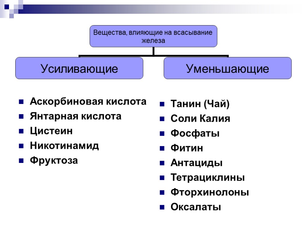 Аскорбиновая кислота Янтарная кислота Цистеин Никотинамид Фруктоза Танин (Чай) Соли Калия Фосфаты Фитин Антациды